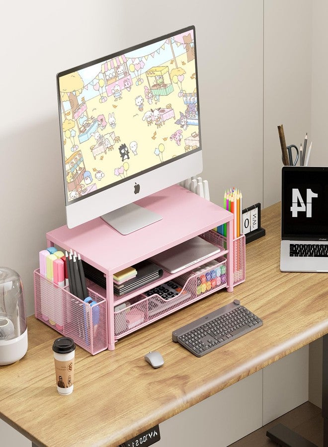 OPNICE Desk Organizers and Accessories, 2-Tier Computer Monitor Stand Riser with Drawer and 2 Pen Holders, Laptop Stand, Office Desk Accessories & Office Decor for Women, Pink - Image 5